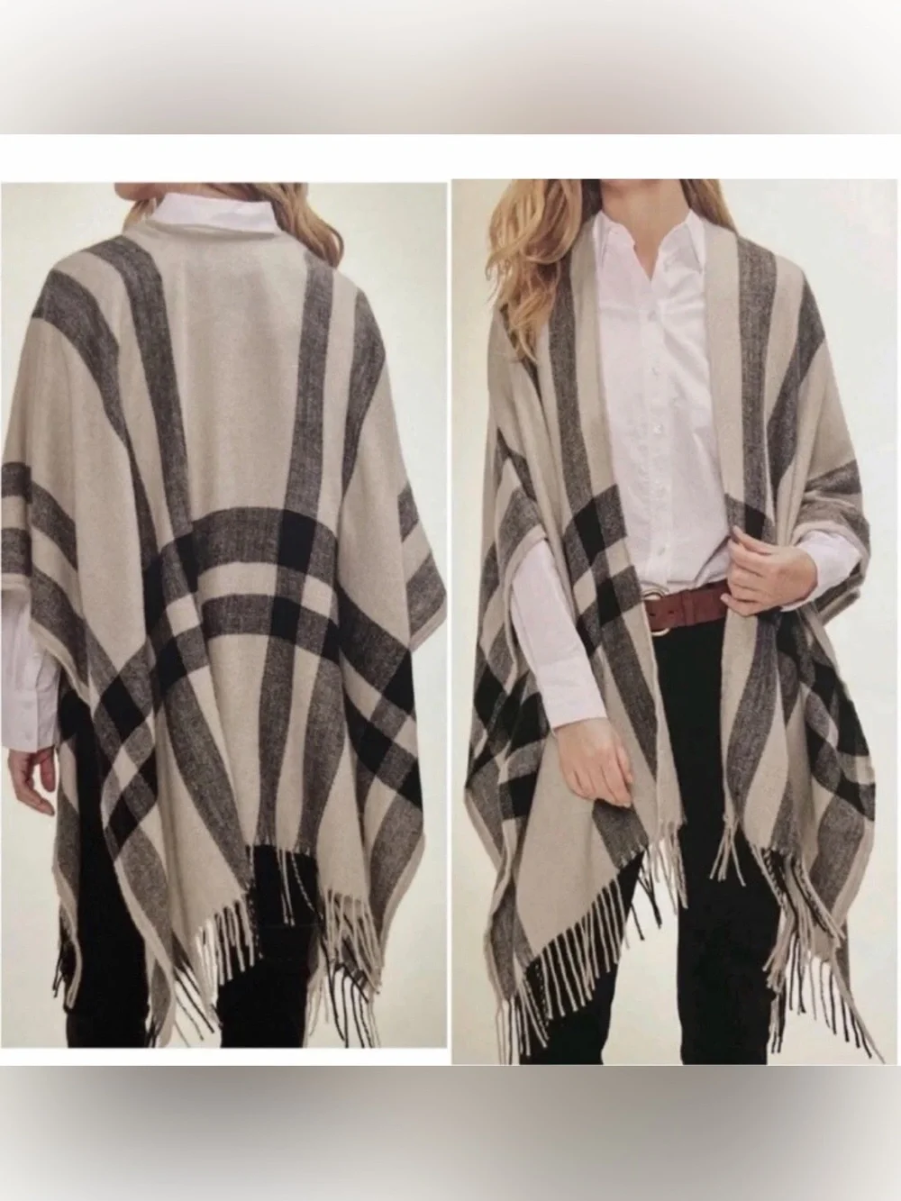 Banana Republic Erin Plaid Wrap Cashmere Blend Fringe Cape Poncho Neutral OS